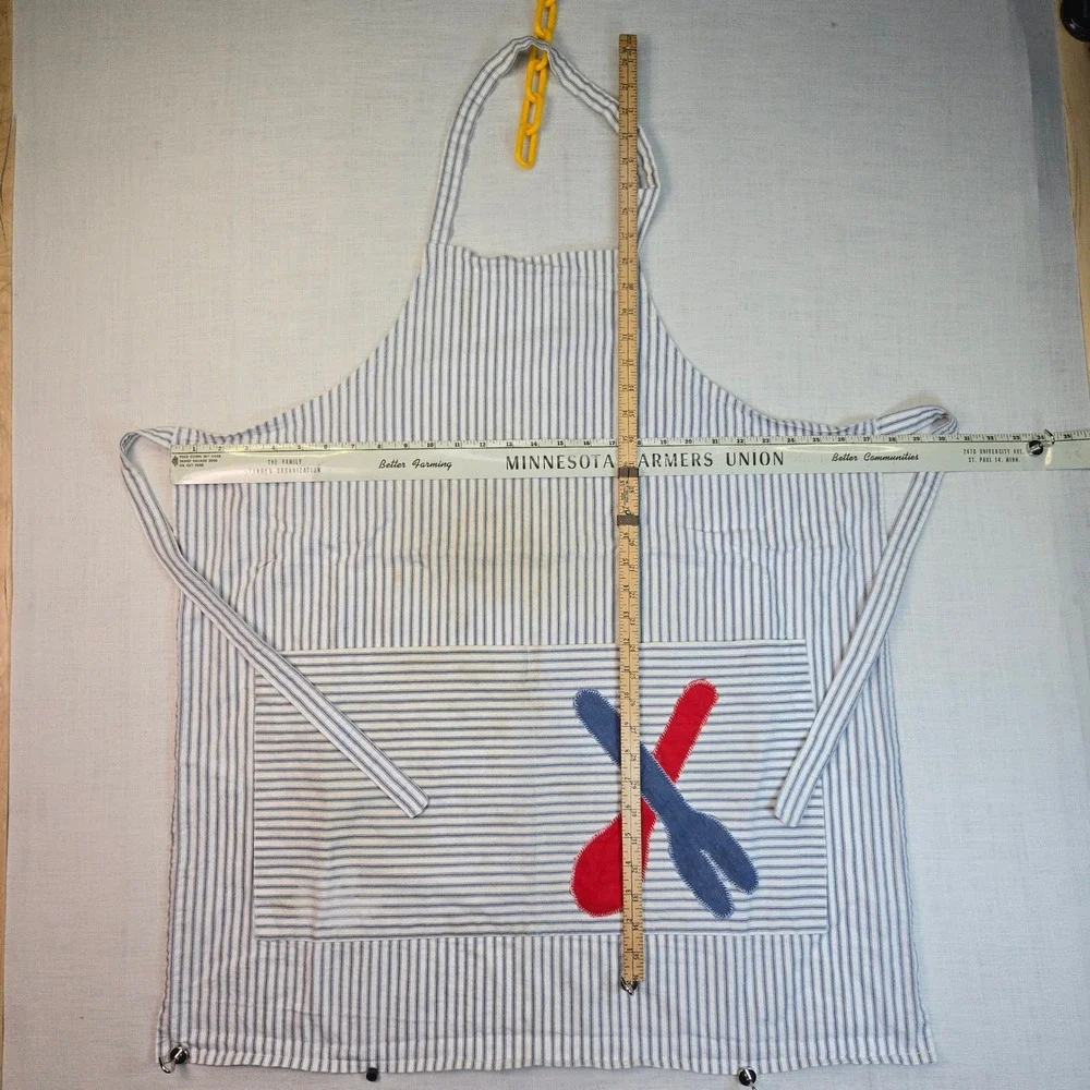 VTG Handmade Hickory Stripe Apron Applique Blue White‎ Utensils Cooking Pockets